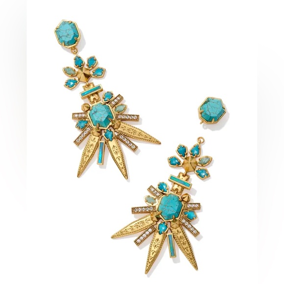 Kendra Scott Serayah Vintage Gold Statement Earrings in Teal